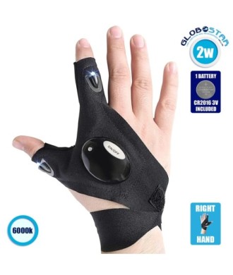 GloboStar® 79068 Γάντι Φακός με Φωτισμό LED για Δεξί Χέρι 2W με Μπαταρία CR2016 Ψυχρό Λευκό 6000K